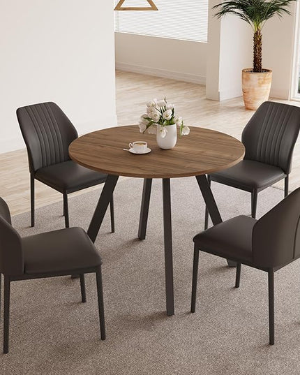 34.6'' Round Dining Table and Chairs for 4 Space Saving for Apartment Kitchen Dining Room (Walnut Table+4 Black Chairs)