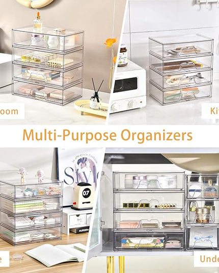 2 Pack Stackable Makeup Organizer, 12.1''L Acrylic Bathroom Organizer and Storage Undersink Drawer, Cosmetics and Beauty Supplies,Clear Plastic Storage Bins for Desk,Cabinet,Kitchen,Vanity,Pantry