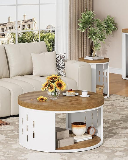 Round Coffee Table, 2-Tier Coffee Table with Open Storage Shelf, Wood Top and White Metal Frame, Modern Living Room Center Table, Light Brown