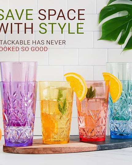 Royal Plastic Drinking Tumbler, Premium Quality Water Glasses, Dishwasher-Safe BPA-Free Durable Mixed Colors Assorted Stackable Cups, 18 oz Set of 6