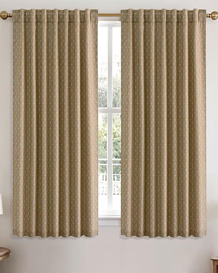 MIULEE Decorative Back Tab Linen Curtains with Geometric Pattern for Living Room Bedroom Farmhouse Rustic Thick Woven Textured Patterned Mudcloth Drapes 63 Inch Length 2 Panels Set, Khaki