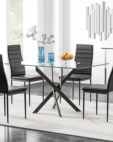 5 Piece Dining Table Table Set, Tempered Glass Dining Table Set for 4 Kitchen Table Set with 4 Upholstered High-Back Chairs for Kitchen Dining Room (Black Table with Black Chair)