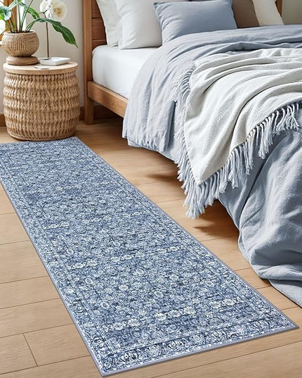 2x6 Runner Washable Rug for Hallways, Blue Soft Classic Kitchen Rugs with Non-Slip, Non-Shedding Distressed Floral Rug for Hallways Entryway Bedroom Bathroom Laundry