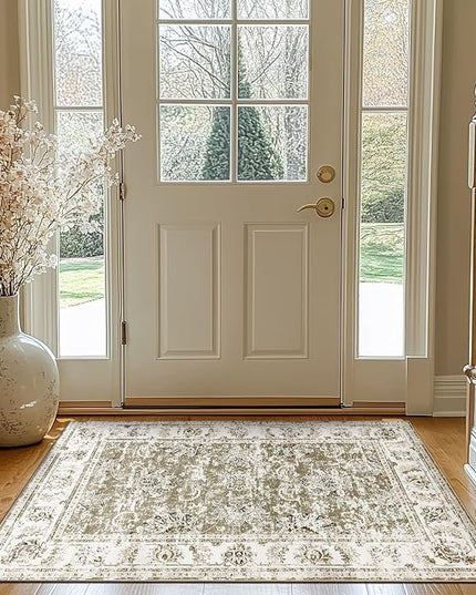 jinchan Fiora Floral 3x5 Area Rug for Entryway - Machine Washable Taupe Vintage Distressed Design Doormat Non-Slip Ultra-Thin Low Pile Boho Rug for Kitchen Living Room Bedroom Farmhouse (3'x5', Taupe)
