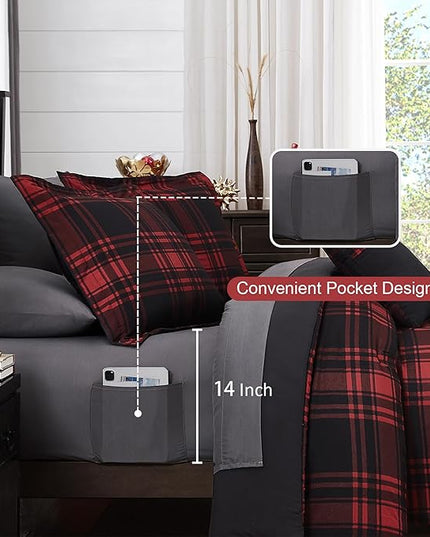 MaiRêve King Comforter Set, Classic Red Black Plaid Bedding Set 7 Pieces, Farmhouse Lightweight All Season Bed in a Bag with Sheets, Pillowcases & Shams
