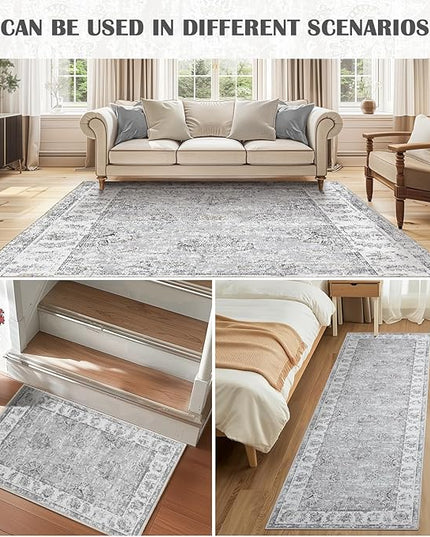 jinchan Fiora Runner Rug 3x8-2pcs Kitchen Washable Vintage Rug Hallway Rug Floral Print Floor Cover Indoor Thin Retro Mat Accent for Bathroom Laundry Room Bedroom Office Farmhouse (Double,Grey)