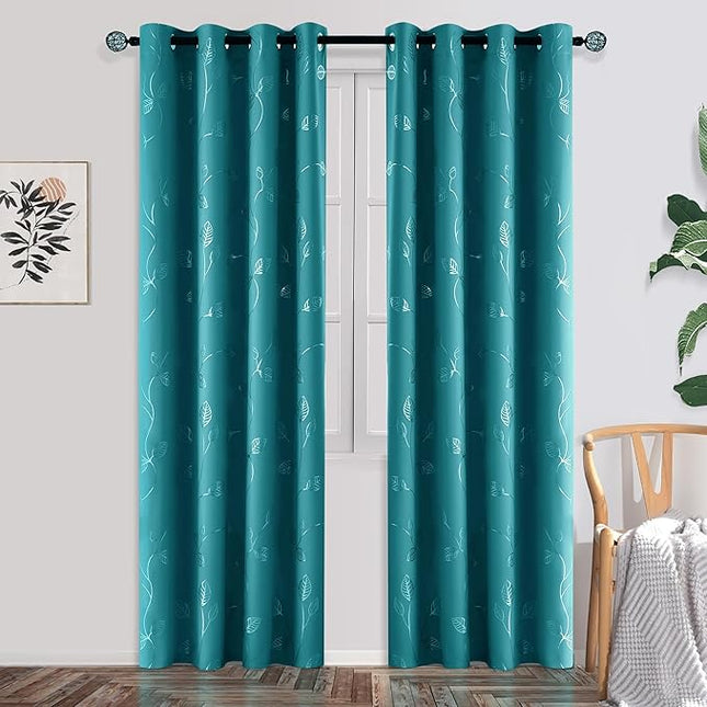 BUHUA White Black Out Curtains 63 Inch Long 2 Panels, Soundproof Curtains with Elegant Silver Leaf Print, Heat Blocking Curtains for Livingroom, 52W x 63L, Teal Blue