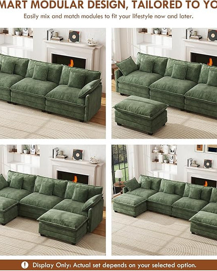 WorthFurni 77 Inch L Shape Cloud Sofa, Modular Sectional Couch with Ottoman, Comfy Chenille Deep Seat Loveseat with Pillow for Living Room Bedroom Apartment (Green)