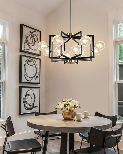 12 Light Black Dining Room Light Fixture Geometric Metal Hanging Pendant Light Fixtures Black Farmhouse Chandelier with Clear Swirled Globe Farmhouse Dining Room Chandelier for Entryway Foyer Kitchen