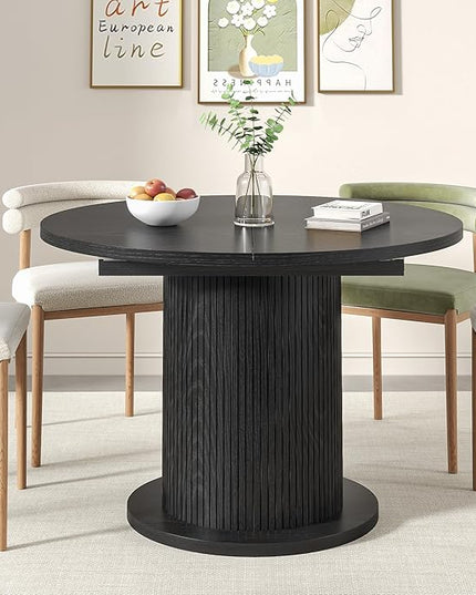 43.3 inch 59 inch Adjustable Size Round Dining Table for 4 6, Unique Design Modern Farmhouse Kitchen Table, Circle Dining Tables with Wood Strip Base for Kitchen Living Room (Black)