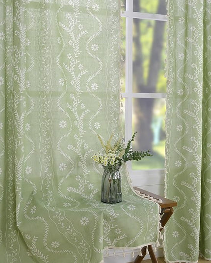 Green Linen Sheer Curtains 63 Inch Length, Boho Farmhouse Floral Curtains 2 Panels, Vintage Cottage Core Western Curtain Drapes, Sage Green