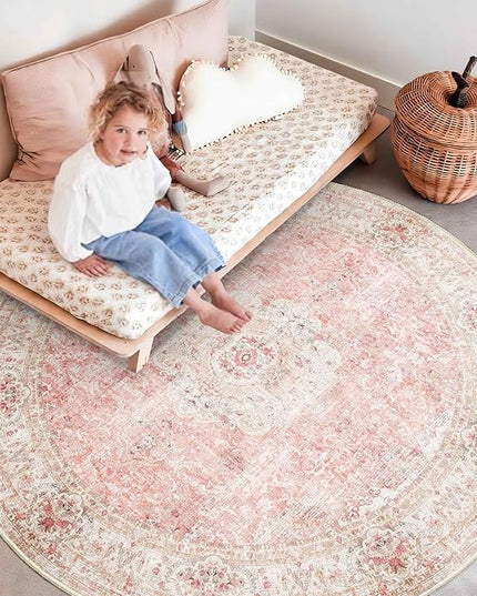Pink Round Rug 6ft,Large Circle Area Rugs for Bedroom Living Room,Washable Boho Vintage Bohemian Distressed Oriental Floral Carpet Non Slip,Blush