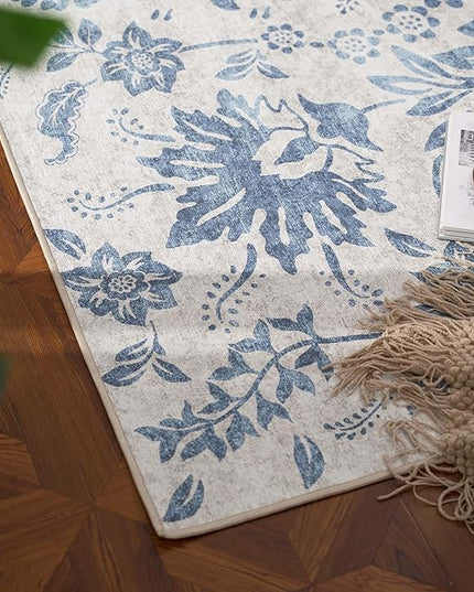 jinchan Torino Floral 8x10 Area Rugs, Vintage-Inspired Design Accent Living Room Rug, Machine Washable Ultra-Thin Low-Pile Non-Slip Traditional Carpet for Bedroom Dining Room Home Office, Dark Blue
