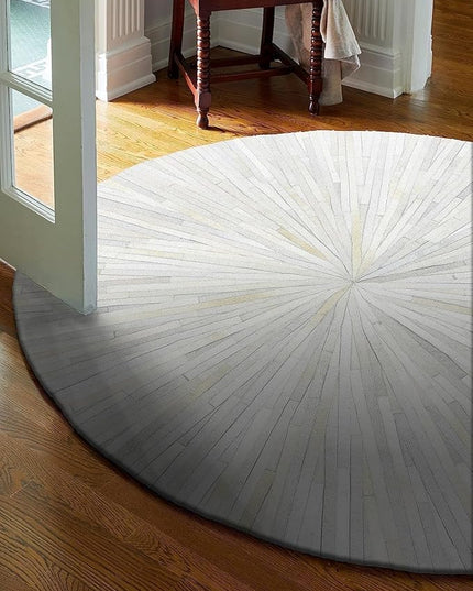 𝐄𝐋𝐘𝐒𝐒𝐈𝐀 𝐃𝐄𝐂𝐎𝐑 𝐇𝐎𝐌𝐄 Cowhide Round Leather Rug Handmade Stripes Patterned Round Area Rug - 6X6 ft - White, Premium Hand Made House Carpet for Living Room, Bedroom, Entryway