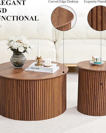Fluted Round Nesting Coffee Table Set of 2, Mid Century Modern Wood Coffee Table and End Table Set, Minimalist Center Tables Circle Side Table for Living Room, Office(Walnut)