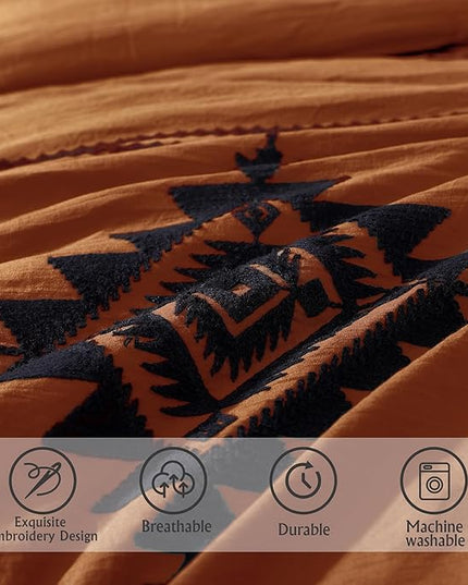 MaiRêve Embroidery Comforter Set, Boho Farmhouse Western Bedding Set, All Season Bed in A Bag Comforter Set with Sheets, Pillowcases & Shams, Burnt Orange California King 7 Pieces