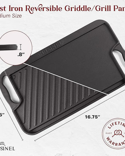 Cuisinel Cast Iron Griddle/Grill + Burger Press + Pan Scrapers - Reversible Pre-Seasoned 16.75" X 9.5"-inch Dual Handle Flat Skillet and Griller Pan + Cleaning Accessories - Use Indoor/Outdoor Stove