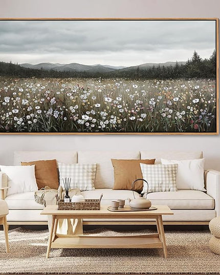 HGUAOA Vintage Landscape Wall Art for Bedroom and Living Room - Large Floral Artworks Farmhouse Wall Decor - Framed Neutral Nature Pictures - Above Bed Wall Decor with Mountain Scenery 29×58IN