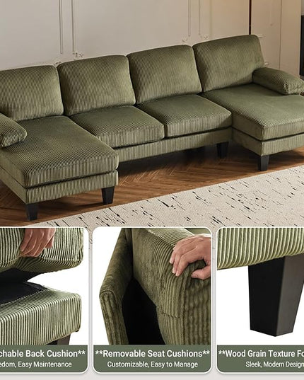 VINGLI 110" Sectional Couches for Living Room,U Shaped Couch with Double Chaise, 4-Seat Sofa Set with Corduroy Fabric for Home Furniture,Green