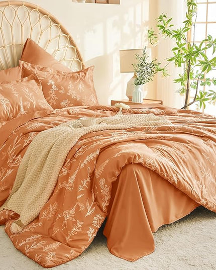 MUXHOMO Burnt Orange Bed in a Bag King 7 Pieces, King Comforter Set Reversible Botanical Flowers Design, Ultra Soft & Breathable Bedding Sets with Comforter, Sheets, Pillowcases & Shams