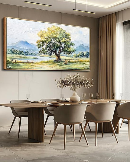 PHAOHUAXM Large Farmhouse Wall Decor For Living Room Wall Art For Bedroom Office Decor Green Tree Ink-Wash Landscape Painting Artwork Canvas Printing Pictures Wall Home Decor 30x60In Wood Framed