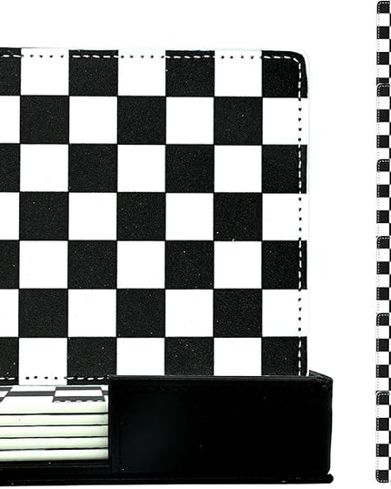 Marble Coasters Square Leather Drinks Coaster Set with Holder for Coffee Table Bar Home Decor 4 Inches Set of 6 (Checkered, One Size)
