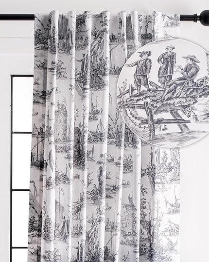 Maison d' Hermine Curtains for Living Room 100% Cotton 96 inch Length One Panel Light Filtering Toile Curtain with Rod and Loop Pockets Drapes (Calais Paloma Grey (White Background), 50" W x 96" L)