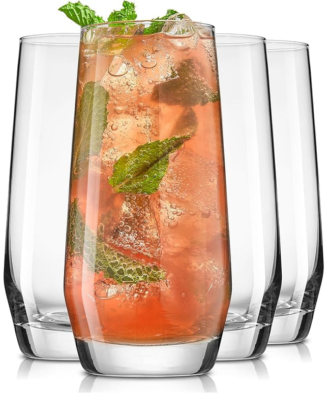 JoyJolt Gwen 18.5 oz Highball Glasses, 4pc Tall Glass Sets. Lead-Free Crystal Glass Drinking Glasses. Water Glasses, Mojito Glass Cups, Tom Collins Bar Glassware, and Mixed Drink Cocktail Glass Set