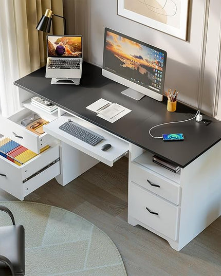Bestier 59” Computer Desk with 4 Drawers, Office Desk with Storage, Modern Executive Desk with Charging Station, Keyboard Tray & Wooden Pedestals on Both Sides for Home Office & Studio, White