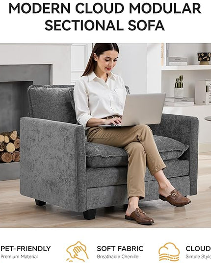 41'' Modern Chenille Oversized Chair, Upholstered Accent Living Room Chair with Extra Thicked Deep Seat, Single Lounge Chair for Bedroom, Small Apartment, Grey