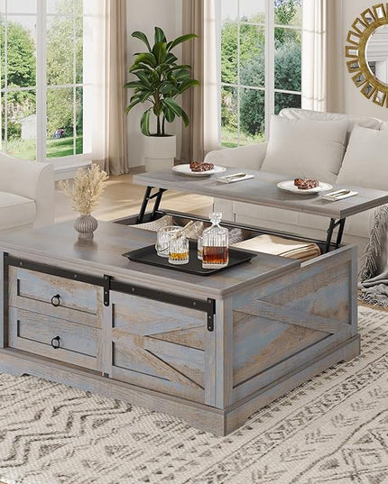 Itaar 39.4'' Lift Top Coffee Table with Storage, Farmhouse Coffee Tables for Living Room, Square Coffee Table with Large Hodden Compartment & 2 Drawrs & Adjustables Shelves (Blue)