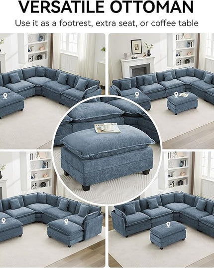 35‘’ Modern Chenille Cloud Sofa Ottoman,Rectangle Ottoman for Modular Sectional Sofa, Blue