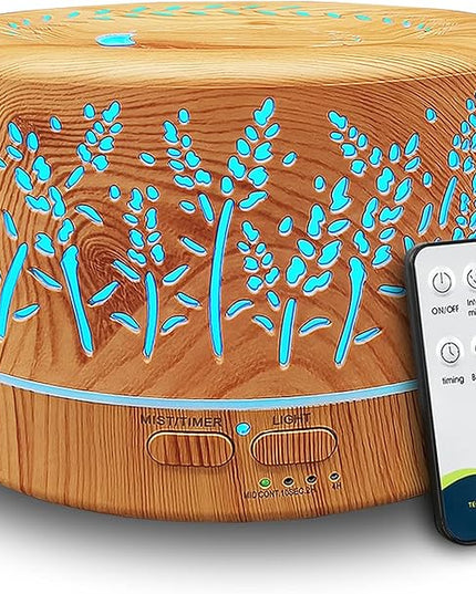 Diffusers for Essential Oils Large Room 600ml,Essential Oil Diffusers for Home with R/C,Cool Mist Humidifier,7 Colors Lights & 3 Mist Mode Waterless Auto Off for Office