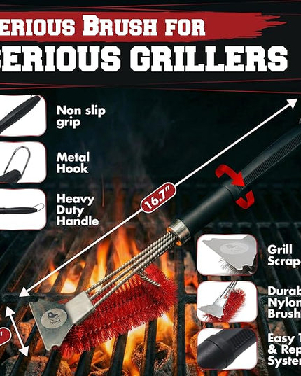 KITCHEN PERFECTION Nylon GrillSaver - Safe BBQ Grill Brush with Replaceable Cleaning Head -Heavy-Duty Grill Cleaner w/Scraper for Porcelain & Ceramic Grates, Includes Magnetic Hanger & Bottle Opener