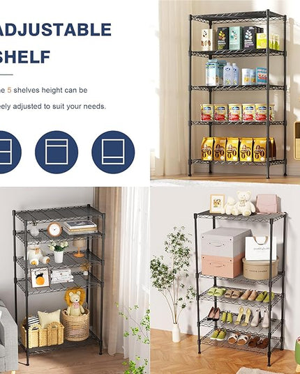 5-Tier Heavy Duty Wire Shelving Unit,35" Wx18 Dx71 H,Wire Shelf Racks with Wheels,Height Adjustable Storage Metal Shelves for Kitchen,Garage,Office,Living Room,Pantry,Black