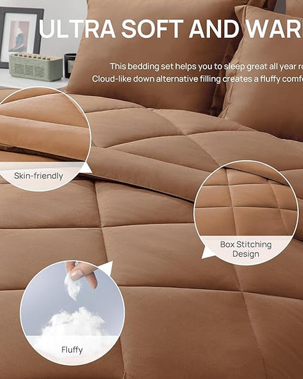 Love's cabin Twin Comforter Set Mocha Mousse, 5 Pieces Twin Bed in a Bag, All Season Bedding Sets with 1 Comforter, 1 Flat Sheet, 1 Fitted Sheet, 1 Pillowcase and 1 Pillow Sham