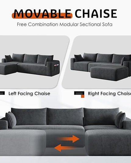 108”Modern Modular L-Shape Couch with Chaise, Modular Sectional Couches for Living Room, Deep Seat Boneless Sofa Bed, No Assembly Required Sleeper Sofa, Plush Corduroy Fabric, Dark Gray