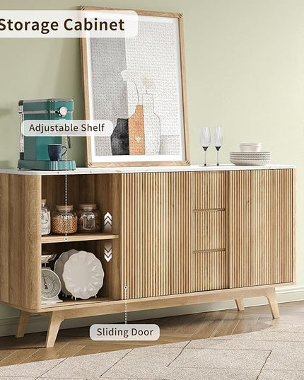 62" W Fluted Buffet Cabinet with Sliding Doors, Modern Sideboard Storage Cabinet with Power Outlet & 3 Drawers, Mid-Century Coffee Bar Table for Living Room, Dinning Room, Natural