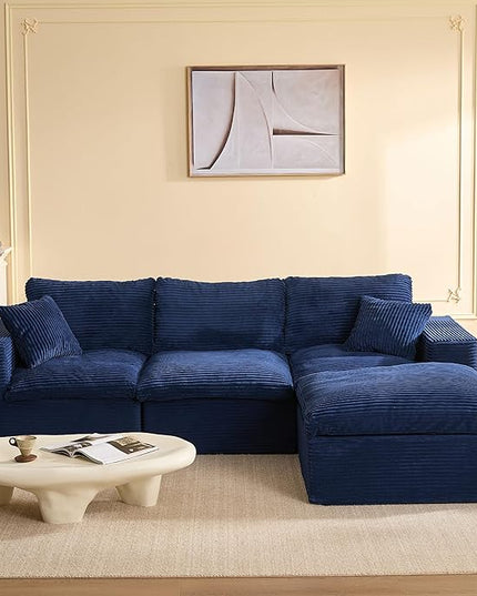 106.3” Sectional Couches for Living Room, Cloud Couch, Modular Sectional Sofa, Convertible Sofas Bed, Deep Seat Sofa, L Shaped Cozy Sofa Furniture Set, Corduroy, Blue
