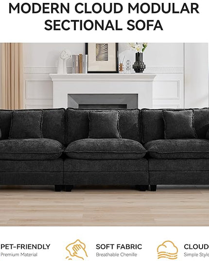 111'' Sectional Cloud Deep Seat Couch, Modern Comfy Chenille Modular Sectional Sofa for Living Room Set, Upholstered Modular 3-Seats Sofa Couch, Dark Grey