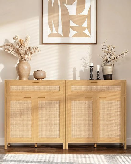 YOUDENOVA 60.3" Sideboard Buffet Cabinet, Rattan Storage Cabinet with 4 Doors & 2 Drawers, Boho Kitchen Cupboard Console with Adjustable Shelves for Dining Room, Living Room, Natural Oak