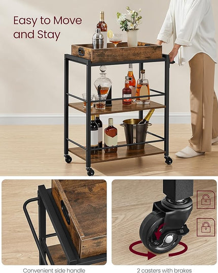 VASAGLE Kitchen Serving Cart with Removable Tray, 3-Tier Kitchen Utility Cart on Wheels with Storage, with Brakes, Leveling Feet, 15.7 x 28.3 x 33.9 Inches, Rustic Brown and Black ULRC72X