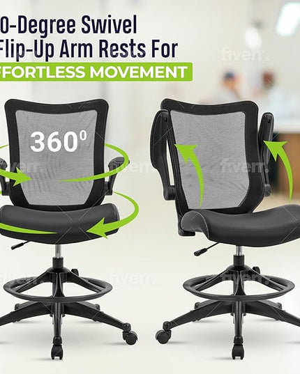 OfficeFactor Drafting Chair Tall Office Chair, 300 lb Capacity Standing Desk Chair, Adjustable & Ergonomic Desk Chair, Flip-Up Armrests, Mesh Back, Comfortable Leather (Black)
