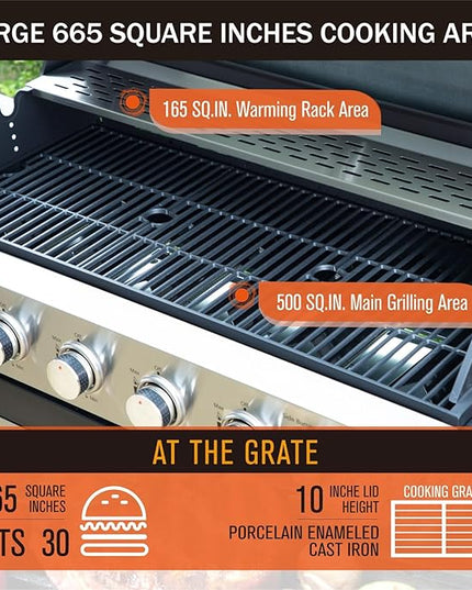 Sophia & William 6-Burner Propane Gas BBQ Grill with Side Burner & Porcelain-Enameled Cast Iron Grates, Stainless Steel Barbecue Grills Outdoor Cooking for Outside, 665 SQ.IN. Cooking Area, 65,800BTU