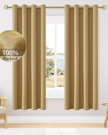 ChrisDowa 100% Blackout Mustard Yellow Solid Curtains 72 Inches Long 2 Panels for Bedroom Living Room,Farmhouse Room Darkening Thermal Insulated Soundproof Grommet Top Window Treatment Drapes,52x72