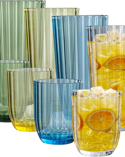 Acrylic Clear Highball Plastic Cups | Plastic Reusable Tumblers 15oz & 20oz (Set of 8) | Stackable | BPA-free Tumblers | Shatterproof | Top-rack Dishwasher Safe