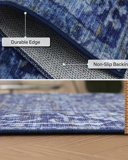 ReaLife Rugs Machine Washable Area Rug - Living Room Bedroom Bathroom Kitchen Entryway Office - Padded Low Pile Stain Resistant Premium - Boho Vintage Traditional - Lyle - Blue 7'6" x 9'6"