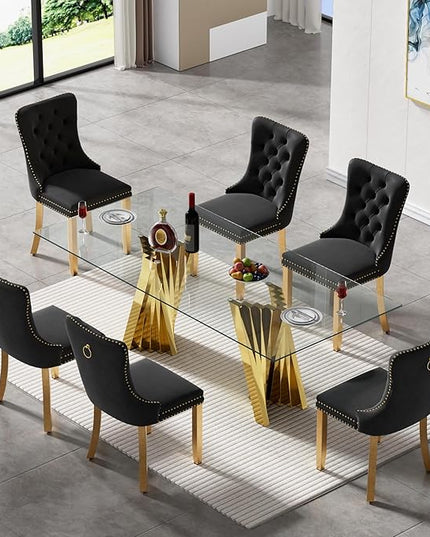 7 Piece Glass Dining Table Set,70" Dinner Room Glass Table Set for 6,Modern Kitchen Dinner Table Set with Stainless Steel Base and 6 Upholstered Velvet Dining Chairs for Living Dining Room