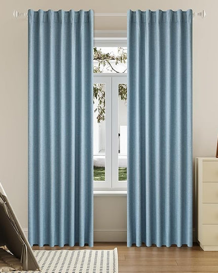 DUALIFE Faux Linen Blackout Slate Blue Curtains 80 Inch Long,Farmhouse Back Tab Rod Pocket Curtains Room Darkening Thermal Insulated Drapes for Bedroom Living Room,W50 x L80,2 Panels Stone Blue