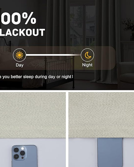 100% Blackout Linen Textured Curtains for Living Room, Bedroom, Light Weight Curtains with Grommets Top, Full Blackout Curtains Privacy Protection, Natural Linen, 52" W x 90" L, 2 Panels